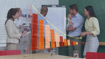 Poster - Animation of arrow on falling graph, diverse coworkers discussing strategy on whiteboard