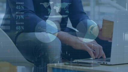 Poster - Animation of infographic interface, midsection of caucasian man holding coffee cup and using laptop