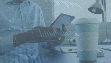 Poster - Animation of graphs, loading circles, changing numbers, african american man using digital tablet