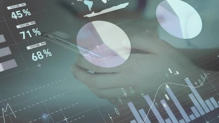 Poster - Animation of infographic interface over cropped hands of caucasian woman using cellphone