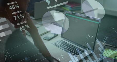 Poster - Animation of infographic interface over caucasian woman analyzing reports on laptop in office