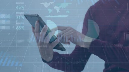 Poster - Animation of infographic interface over caucasian woman standing and using digital tablet