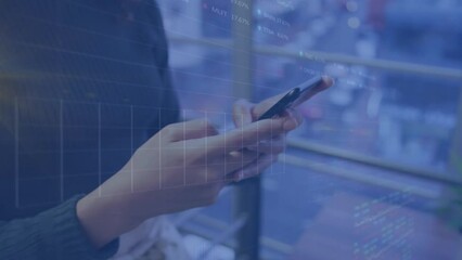 Poster - Animation of graphs and trading boards, midsection of caucasian woman scrolling on smartphone
