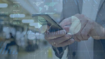 Poster - Animation of infographic interface over midsection of caucasian businessman using cellphone