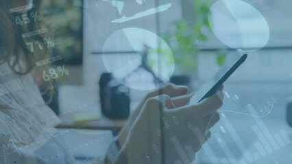 Poster - Animation of infographic interface over caucasian woman typing on smartphone