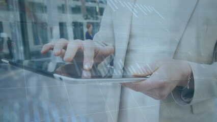 Poster - Animation of graphs, changing numbers, midsection of caucasian mam scrolling on digital tablet
