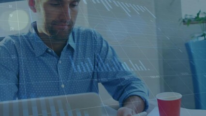 Poster - Animation of graphs, changing numbers, loading circles, caucasian man using smartphone in office