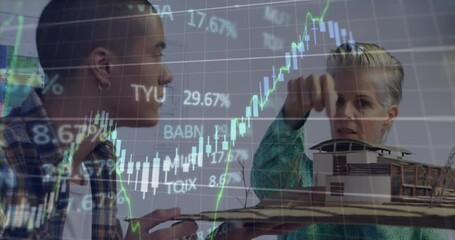 Poster - Animation of graphs and trading board over diverse coworkers discussing 3d model of house