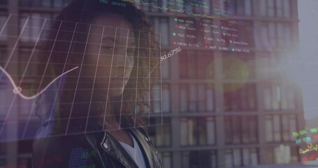 Poster - Animation of multiple graph, changing numbers, trading boards, biracial woman standing arms crossed