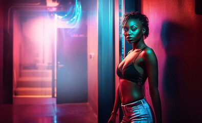 Wall Mural - Portrait of young beautiful black woman on city street at night. Neon lights and glass reflection. 