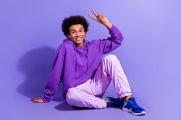 Canvas Print - Full length photo of optimistic positive nice guy wear purple clothes sitting showing v-sign say hello isolated on violet color background