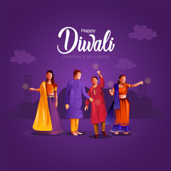 Indian festival Happy Diwali with Diwali props, holiday Background, Diwali celebrating people greeting card, vector illustration design.