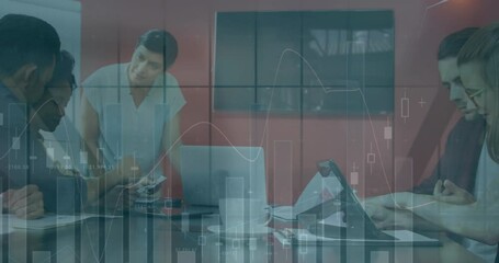 Wall Mural - Animation of multiple graphs over diverse coworkers discussing reports in office