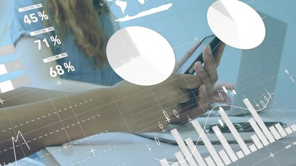 Poster - Animation of infographic interface over cropped hands of caucasian woman scrolling on smartphone