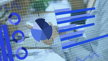 Poster - Animation of graphs, changing numbers, loading circles over caucasian woman using cellphone