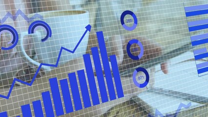 Poster - Animation of graphs, loading circles, changing numbers, coffee cup, caucasian woman using cellphone
