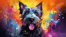 Adorable Scottish Terrier Dog In Mixed Grunge Color Illustration.