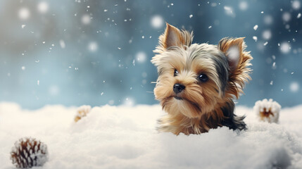 Wall Mural - Cool looking yorkshire terrier dog  isolated on snowing background. Christmas theme.