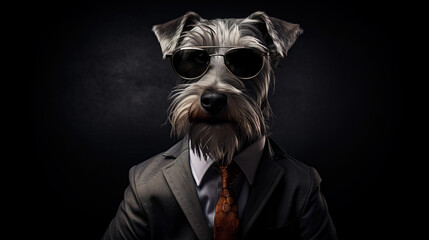 Wall Mural - Cool looking schnauzer dog wearing suit, tie and sunglasses isolated on dark background with copyspace for text. Digital illustration generative AI.