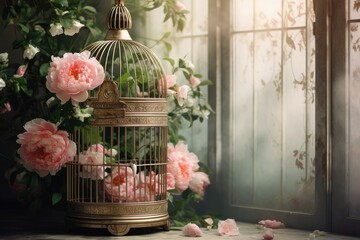 Poster -  a birdcage filled with pink flowers next to a window.  generative ai