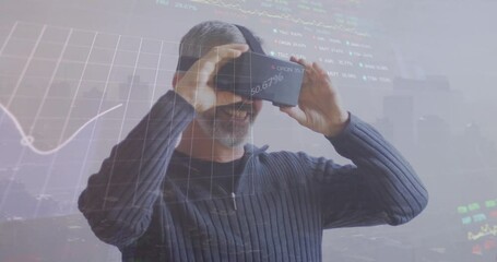 Poster - Animation of multiple graphs, trading board over senior caucasian man using vr headset