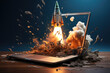 Futuristic concept of a rocket launching from a laptop screen