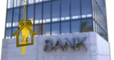 Poster - Animation of key in house keychain over bank text on modern building