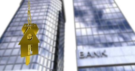 Poster - Animation of key in house keychain over bank text on modern buildings against sky