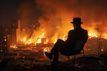 Man In Suit And Hat Sitting In A Chair And Watching Overlooking Burning City At Night