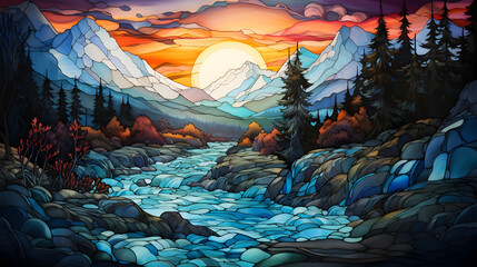 Wall Mural - colorful landscape with mountain river and trees