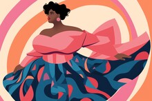 A Beautiful Black Woman Of Plus Size, Fierce And Proud, In A Beautiful Dress, Colorful Illustration
