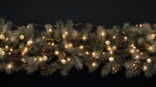 Decorative Glowing Shimmering Christmas Garland With Green Coniferous Pine Branches And Pine Cones, Seamless Pattern Isolated Decoration On Black Background