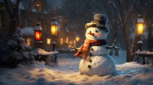 Happy Snowman On Winter Background. 
