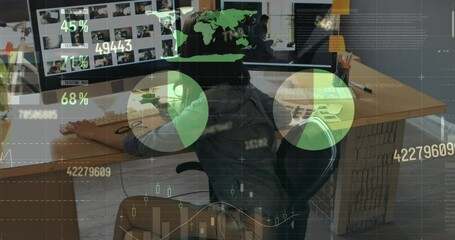 Poster - Animation of changing numbers, infographic interface, asian woman looking at picture on computer