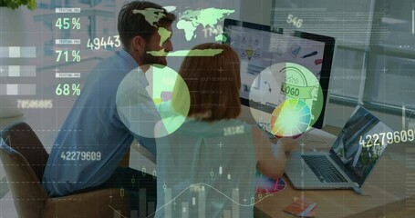 Poster - Animation of infographic interface and changing numbers, caucasian coworkers discussing about logo