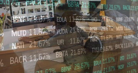 Poster - Animation of trading board over asian woman looking at pictures on computer in office