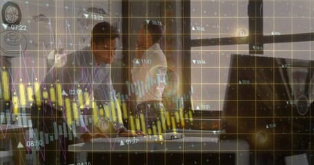 Poster - Animation of graphs, changing numbers, bitcoin symbol, diverse coworkers analyzing reports