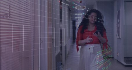 Poster - Animation of graphs, trading boards, biracial woman talking on smartphone while walking in office