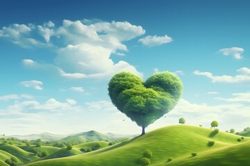 Green mountain with heart shape tree under blue sky.