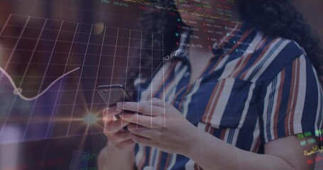 Poster - Animation of graphs, trading board, lens flares over smiling biracial woman scrolling on smartphone