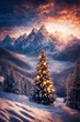 © soleg - Christmas tree in a winter forest, decorated with garlands and lights, snow covered mountains, beautiful nature at sunset