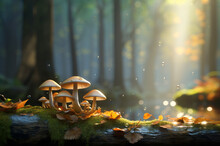 Autumn Seasonal Background, Little Mushrooms Growing On A Tree Trunk In Wet Moss And Fallen Leaves, On Forest Floor Under Rain Drops And Autumnal Sun - Fall Season Magical Ambience