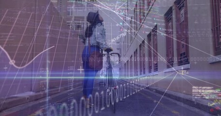 Sticker - Animation of computer language, binary codes, trading boards, biracial woman walking with bicycle