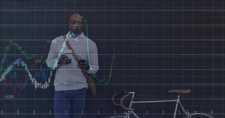 Poster - Animation of graphs, african american man with coffee cup using cellphone standing beside bicycle