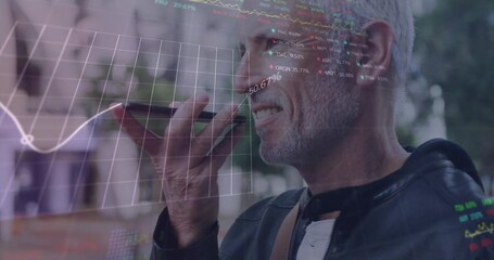 Poster - Animation of graphs, trading boards, senior caucasian man talking on speaker of cellphone