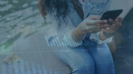 Poster - Animation of multiple graphs with changing numbers, midsection of caucasian woman using cellphone