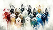 Colourful handprints and houses represent cultural diversity. Multicultural friendship concept