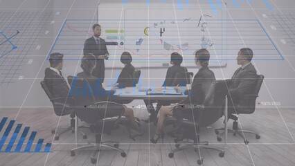 Poster - Animation of graphs, changing numbers, diverse coworkers discussing human resources on whiteboard