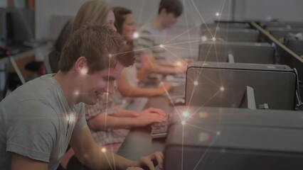Poster - Animation of network of connections over portrait of caucasian boy using computer smiling at college