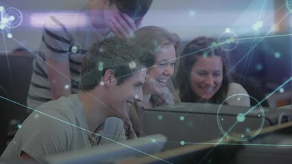 Poster - Animation of network of connections over group of students using computer and smiling at college